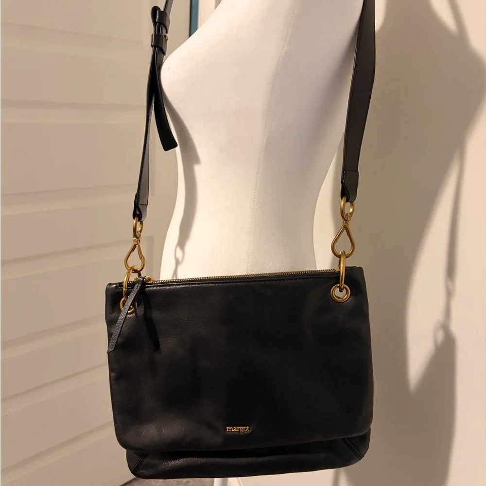 Margot Elegant Black Leather  Shoulder Bag with Gold Accents
